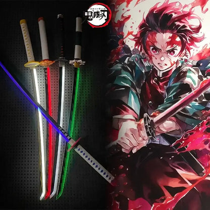 LED Katana swords from Demon Slayer with colorful lights and character artwork in the background.